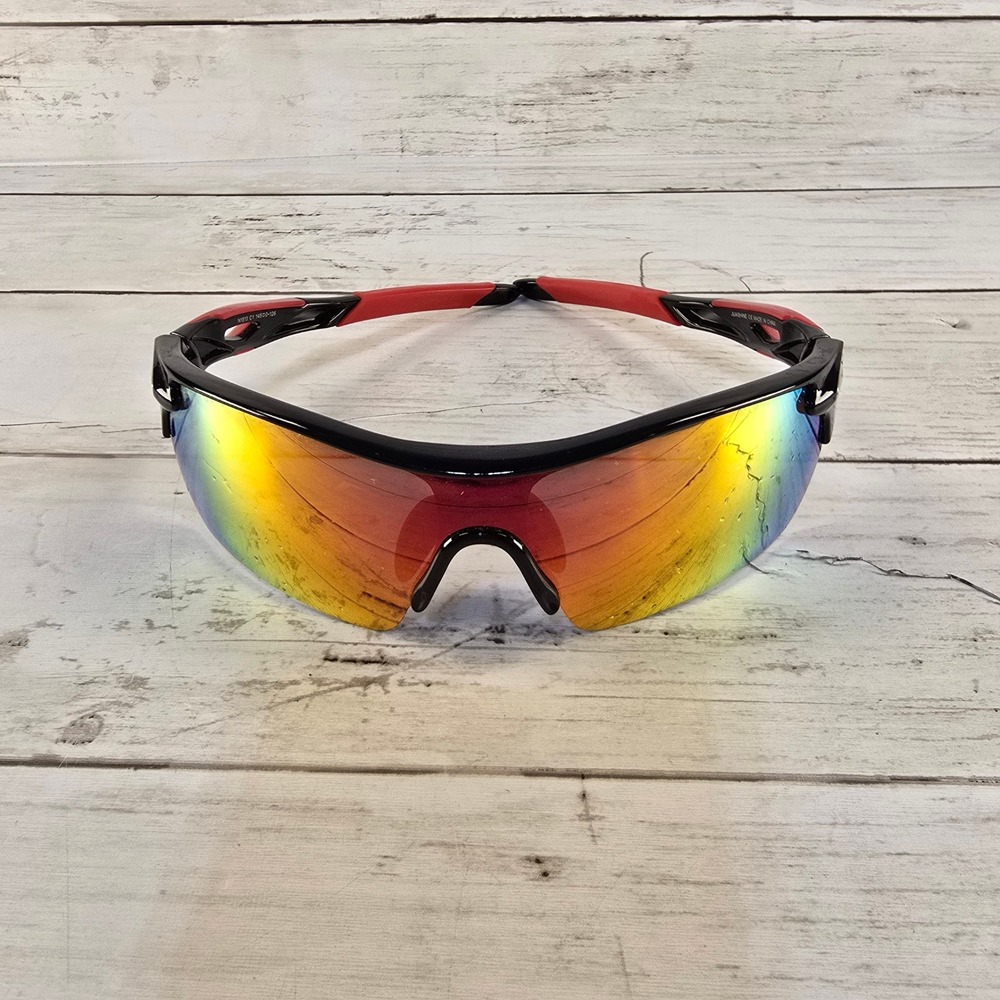 Jiashine Sports Sunglasses Black Red Wrap‎ Around Shield Mirrored Lens N1513